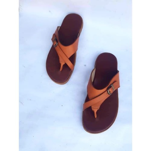 Men's Brown Leather Slippers with Buckle Detail