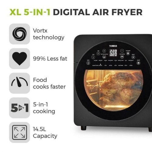Vortx Xl 14.5l 5-in-1 Digital Air Fryer Oven With Rotisserie Black