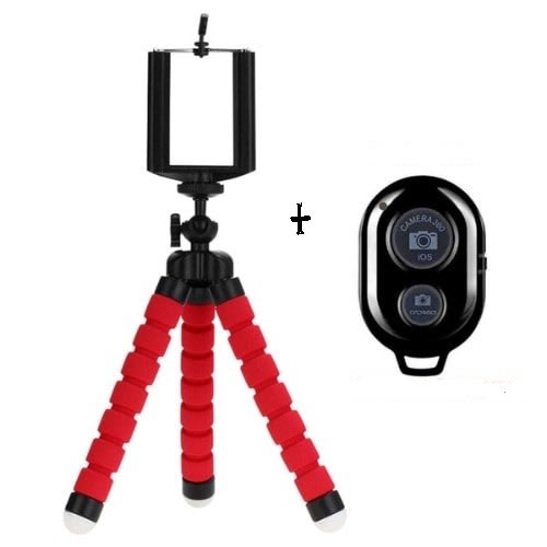 Flexible Octopus Tripod Stand + Phone Holder Clip + Bluetooth Remote Shutter - Red