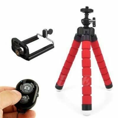 Flexible Octopus Tripod Stand + Phone Holder Clip + Bluetooth Remote Shutter - Red