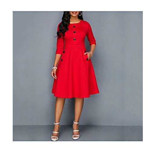 Button Detail Flare Dress -red