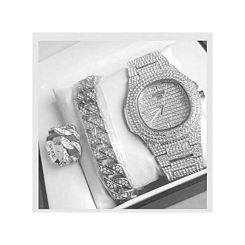 Set Of Iced Wristwatch With Bangle And Ring - Silver