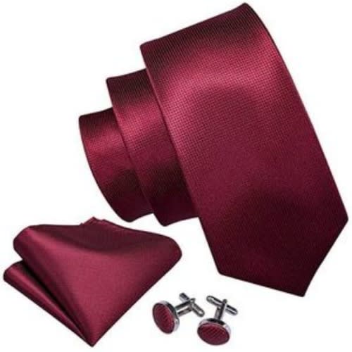 Long Tie, Pocket Square And Cufflinks - Wine