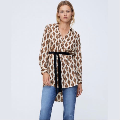 Velvet Belt Printed Blouse