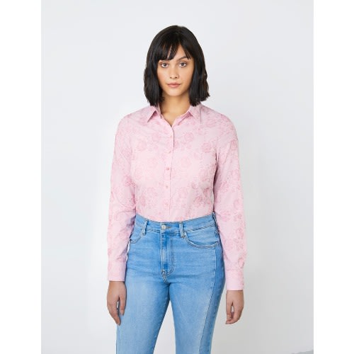 Women's Pink & Light Pink Floral Jacquard Design Semi Fitted Shirt - Single Cuff