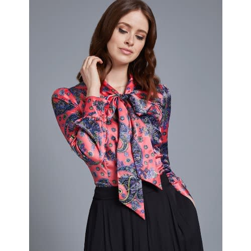 Women's Coral & Lilac Paisley Design Fitted Satin Blouse - Beauty Bow