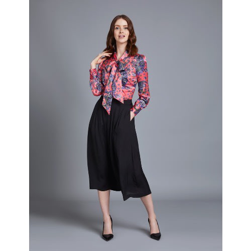 Women's Coral & Lilac Paisley Design Fitted Satin Blouse - Beauty Bow