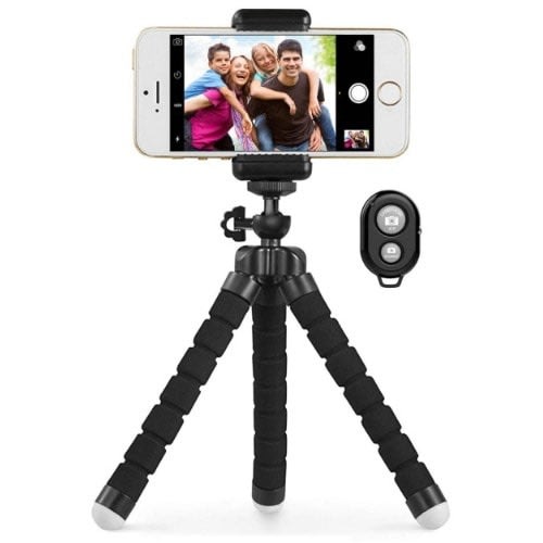 Flexible Octopus Tripod Stand + Phone Holder Clip + Bluetooth Remote Shutter - Black