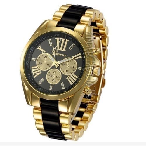 Exotic Studded Stainless Steel Wrist Watch - Gold & Black