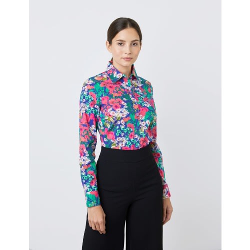 Women's Blue & Pink Multi Floral Print Semi Fitted Shirt - Single Cuff