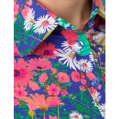 Women's Blue & Pink Multi Floral Print Semi Fitted Shirt - Single Cuff