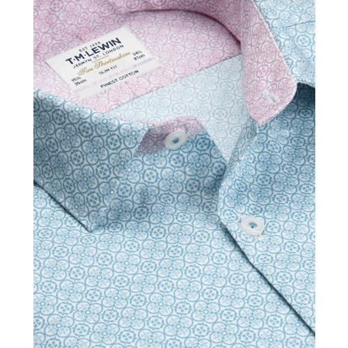 Slim Fit Light Blue Mosaic Print With Contrast Trim Button Cuff Shirt