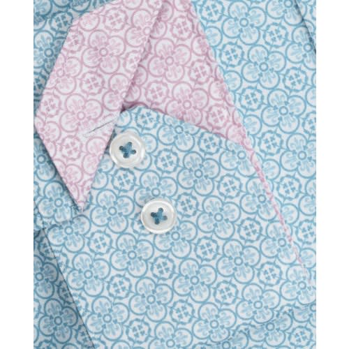 Slim Fit Light Blue Mosaic Print With Contrast Trim Button Cuff Shirt