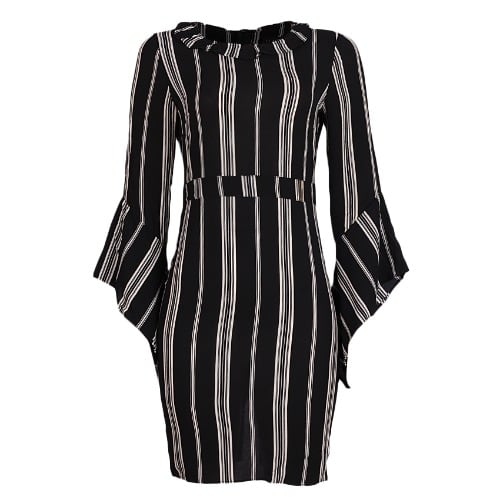 Monochrome Stripe Dress With Bell Sleeve