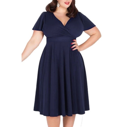 V-neck Skater Midi Dress - Navy Blue