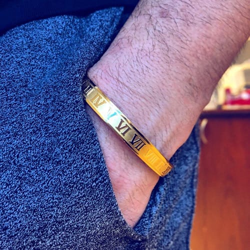 Men Cuff Bracelet Bangle With Roman Numeral Carving