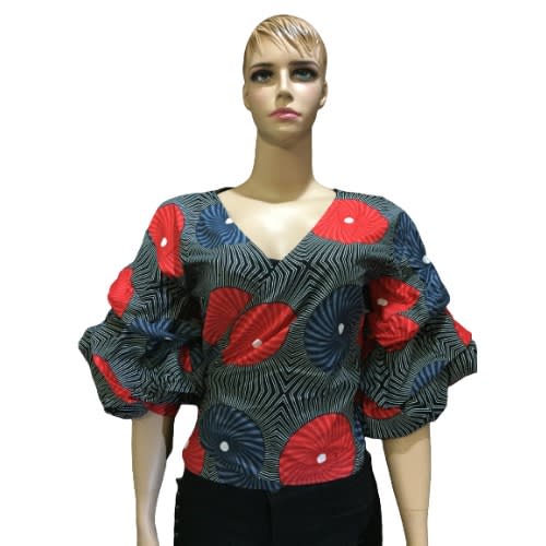 D'lanniE Ankara Fitted Wrap Top With Ruffle Sleeve