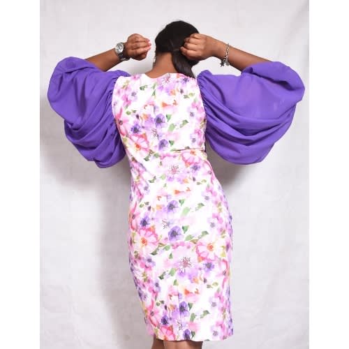 Floral Fitted Kneel Length Stretchy Dress With Puffy Arabian Chiffon Sleeve With Band. LG/002