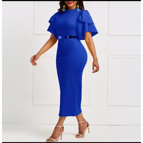 Flare Sleeves Dress - Blue - Without Belt