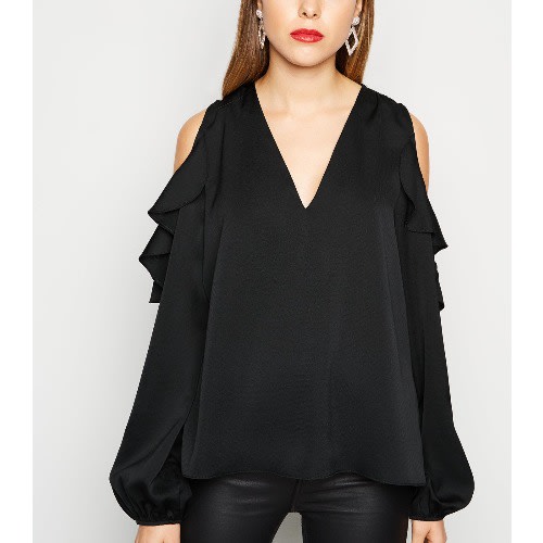Cold Shoulder Ruffle V Neckline Blouse - Black
