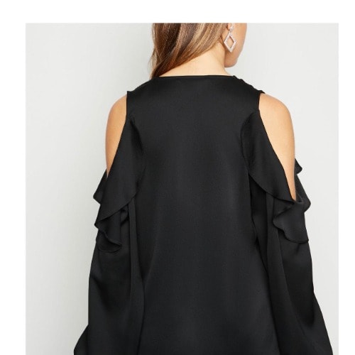 Cold Shoulder Ruffle V Neckline Blouse - Black