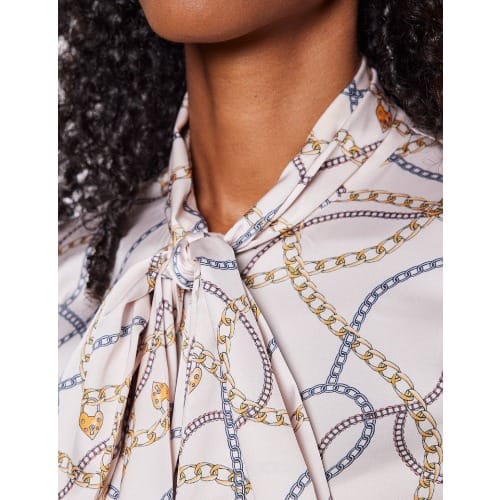Women's Cream & Gold Chain Print Pussy Bow Blouse