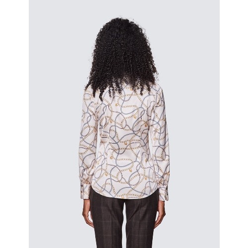 Women's Cream & Gold Chain Print Pussy Bow Blouse