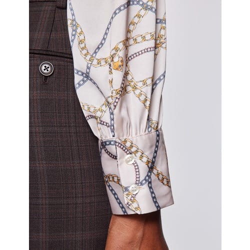 Women's Cream & Gold Chain Print Pussy Bow Blouse
