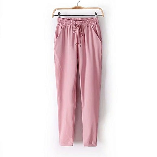 Lovely High-waisted Pants With Drawstring, Side Pockets And Elastic Waist Detailing -peach