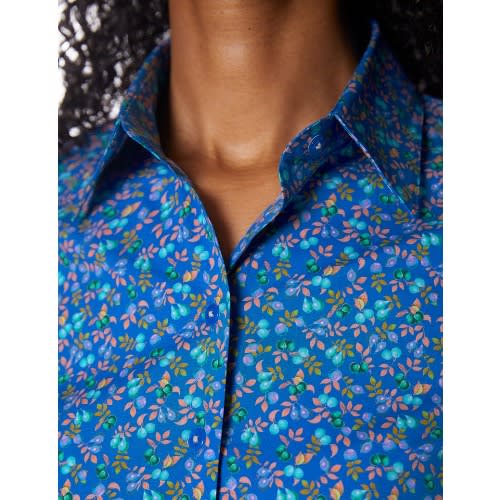 Women's Blue & Pink Fruits And Leaves Print Fitted Cotton Stretch Shirt