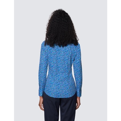 Women's Blue & Pink Fruits And Leaves Print Fitted Cotton Stretch Shirt