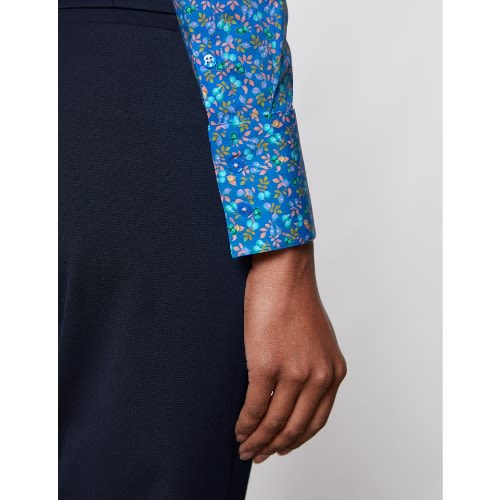 Women's Blue & Pink Fruits And Leaves Print Fitted Cotton Stretch Shirt