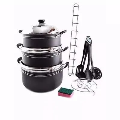 Home Basics Non Stick Cookware Set + 6 Cooking Spoons + 1 Rack + 1 Pot Stan