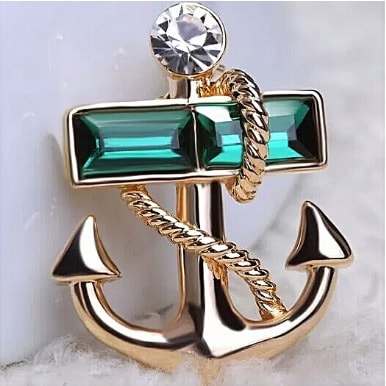 Anchor Brooch Pin With Rhinestones