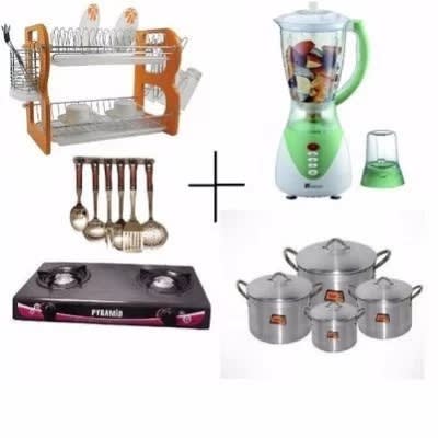 Plate Rack + Gas Cooker + 4 Sets Of Pots + Blender & Cooking Spoons Bundle.