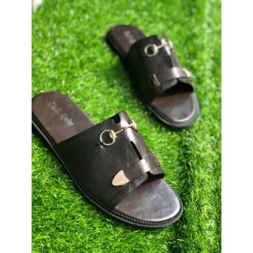 Men's Black Leather Slippers with Chain Detail