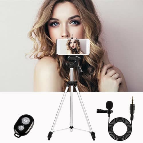 Tripod 3110 Tripod Stand Holder + Bluetooth Remote Shutter + Lapel Mic