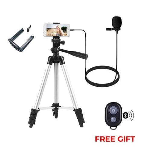 Tripod 3110 Tripod Stand Holder + Bluetooth Remote Shutter + Lapel Mic