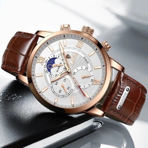 Lige Men 2021 Leather Waterproof Luminous Top Brand Quartz Watch