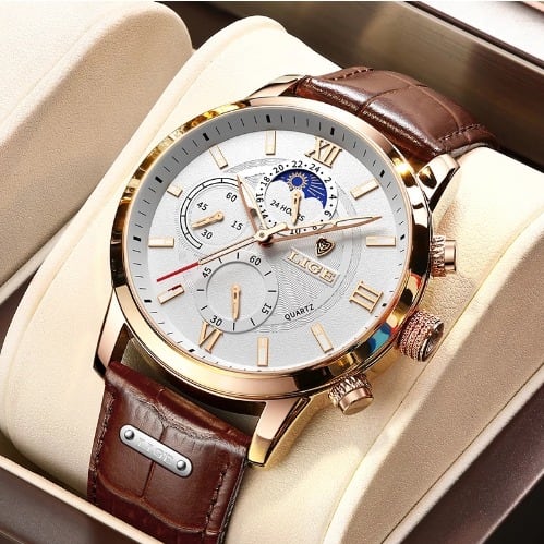Lige Men 2021 Leather Waterproof Luminous Top Brand Quartz Watch