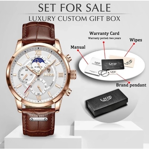 Lige Men 2021 Leather Waterproof Luminous Top Brand Quartz Watch