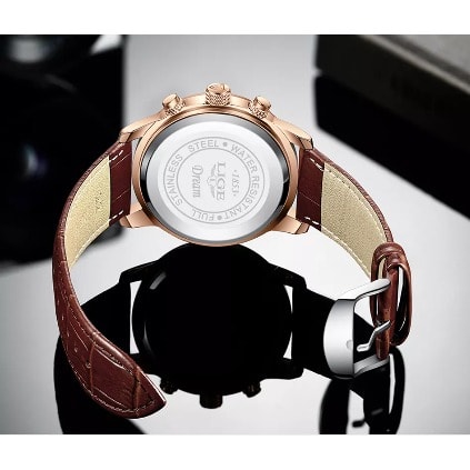 Lige Men 2021 Leather Waterproof Luminous Top Brand Quartz Watch