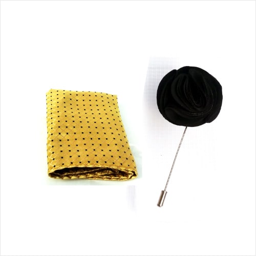 1507wearhouse Gold pocket Square with Black Dots + Black Lapel Pin