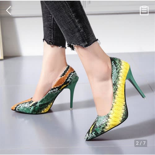 Snake Skin High Heeled Pumps - Green & Yellow