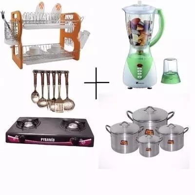 Plate Rack, Gas Cooker, 4 Sets Of Pots, Saisho Blender & Cooking Spoons.