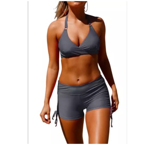 Wrap Push Up Halter High Waist Shorts Swimsuit - Grey
