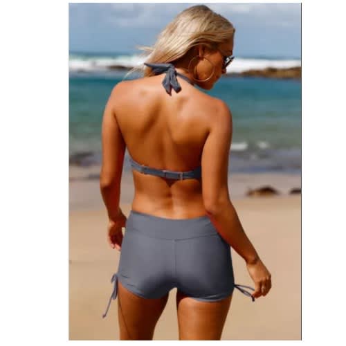 Wrap Push Up Halter High Waist Shorts Swimsuit - Grey