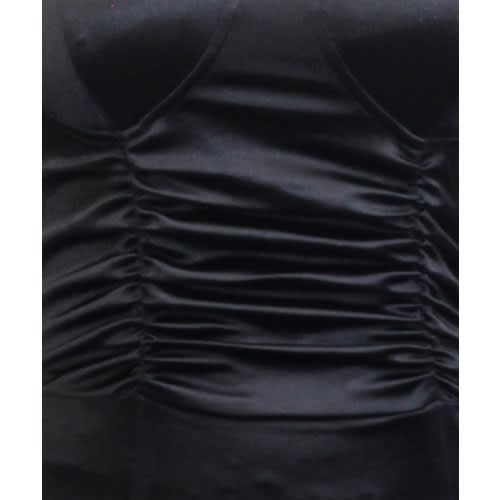 Stretch Satin Cupped Rouched Midi Dress - Black