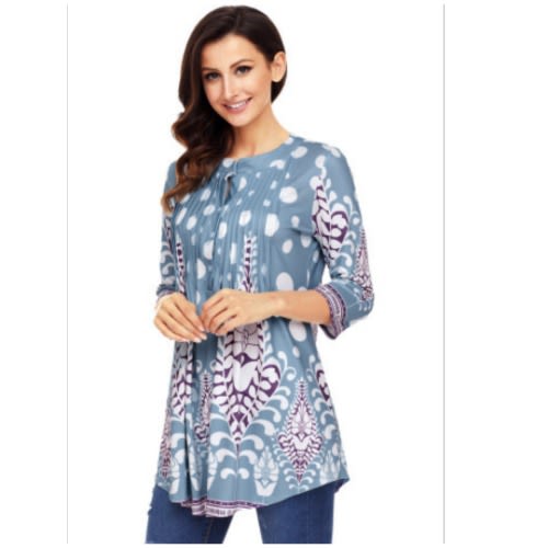 Light Blue White Fliral Print Flowy Tunic - Light Blue