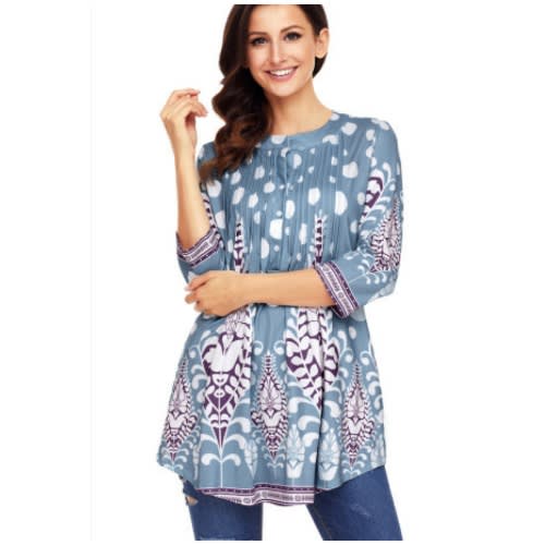 Light Blue White Fliral Print Flowy Tunic - Light Blue